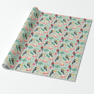 Tropische Vögel, Blumen, Wasserfarbenmuster. Geschenkpapier