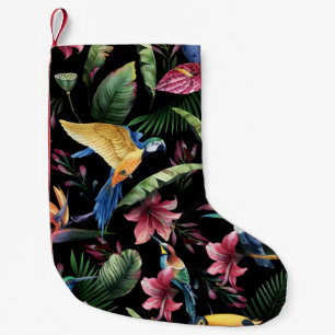 Tropische Vögel, Blumen: Wasserfarbenmuster. Kleiner Weihnachtsstrumpf