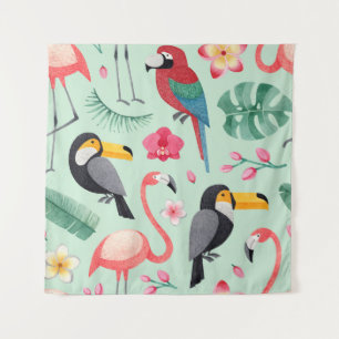 Tropische Vögel, Blumen, Wasserfarbenmuster. Wandteppich