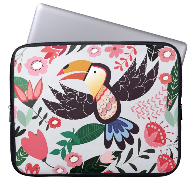 Tropische Vögel, Blumenmuster. Laptopschutzhülle (Vorderseite)