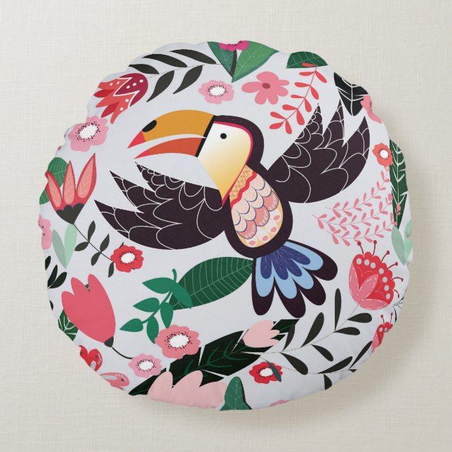 Tropische Vögel, Blumenmuster. Rundes Kissen (Vorderseite)