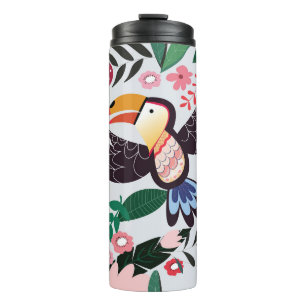 Tropische Vögel, Blumenmuster. Thermosbecher