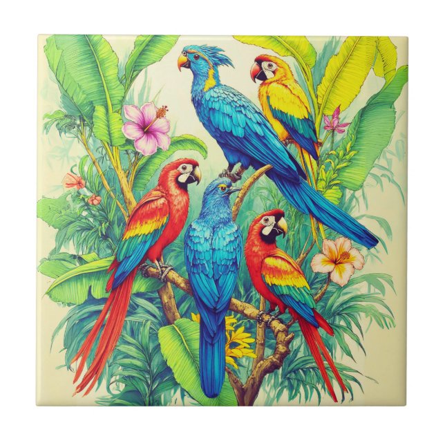Tropische Vögel Botanische Illustration Fliese (Vorderseite)