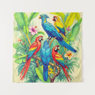Tropische Vögel Botanische Illustration Wandteppich