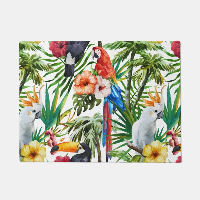 Tropische Vögel des Aquarells und Laubmuster Fußmatte (Vorderseite)
