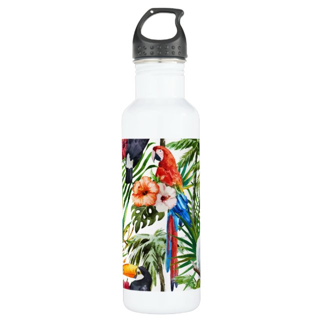 Tropische Vögel des Aquarells und Laubmuster Trinkflasche (Vorderseite)