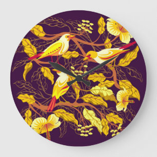 Tropische Vögel Exotische Blumen Illustration Große Wanduhr