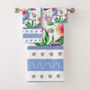 Tropische Vögel und Blume zeitgenössische Blauscha Badhandtuch Set