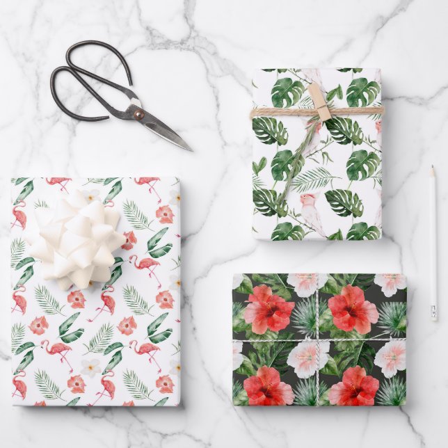 Tropische Vögel und Pflanze Trio Geschenkpapier Set (Vorderseite)