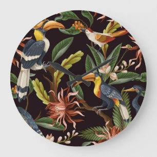 Tropische Vögel: Vintage Blätter und Blume Große Wanduhr