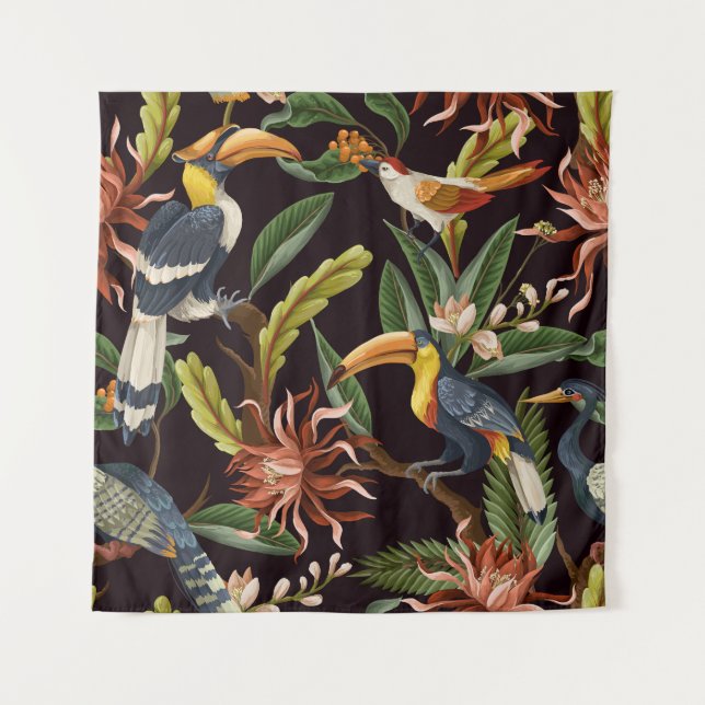 Tropische Vögel: Vintage Blätter und Blume Wandteppich (Vorderseite)