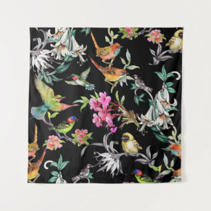 Tropische Vogelarten Blume: Wasserfarbmuster Wandteppich