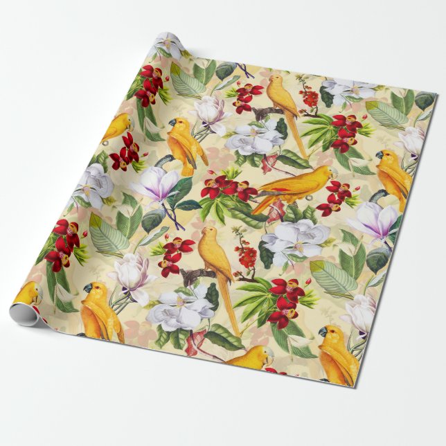 Tropische Vogelpartikel Jungle Muster - Gelb Geschenkpapier (Ungerollt)