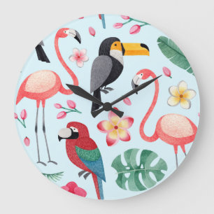 Tropische Wasserfarbe: Fusion der Vogelwelt-Blume. Große Wanduhr
