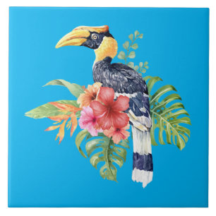 Tropische Wasserfarbe Großer Hornbill und Blume Fliese