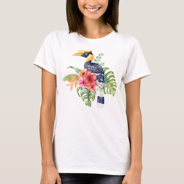 Tropische Wasserfarbe Großer Hornbill und Blume T-Shirt (Vorderseite)