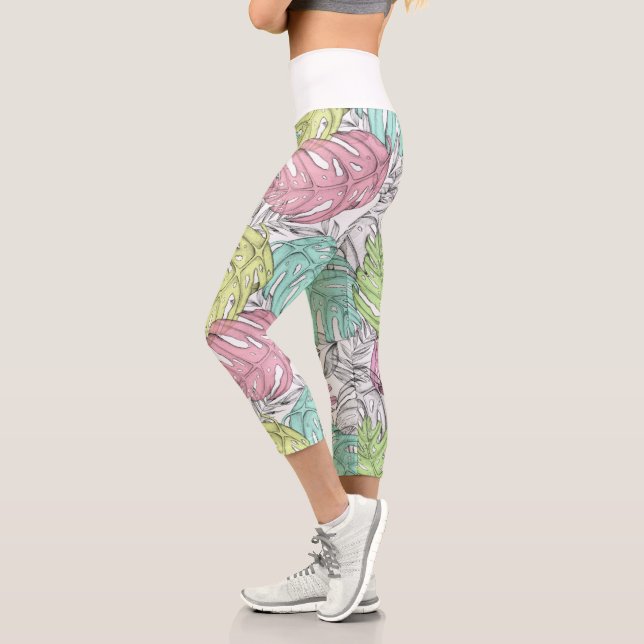 Tropische Wasserfarbe Pastel Monstera Capri Leggings (Links)