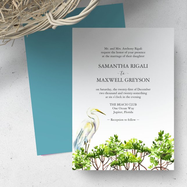 Tropische Wasserfarbenbird-Hochzeit Einladung (Destination wedding invitations watercolor great white heron and mangroves art Victoria Grigaliunas)
