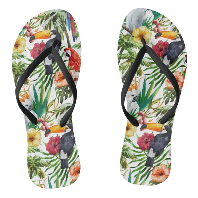Tropische Wasservögel und Blattmuster Flip Flops (Fußbett)