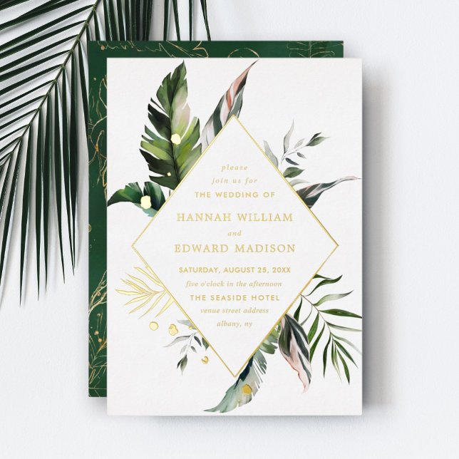 Tropische Watercolor Foliage Gold Frame Wedding Folieneinladung (Von Creator hochgeladen)