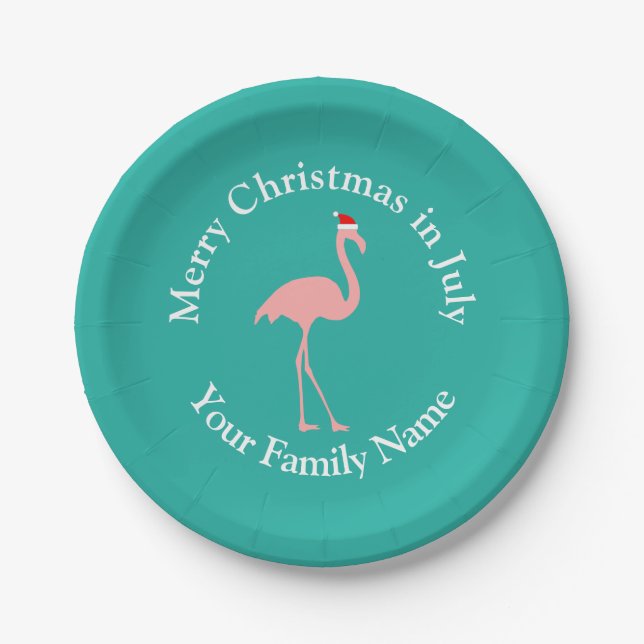 Tropische Weihnachten im Juli rosa Flamingo Santa Pappteller (Vorderseite)