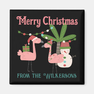 Tropische Weihnachten Pink Flamingos auf schwarz Magnet