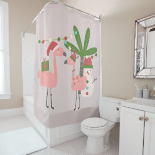 Tropische Weihnachten Rosa Flamingos auf Blush Duschvorhang