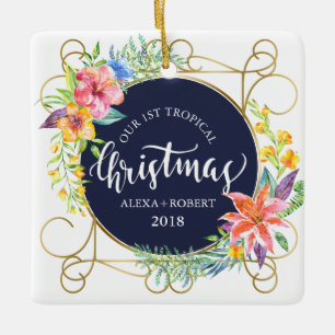 Tropische Weihnachtsbäume und Gold-Rahmen Keramikornament