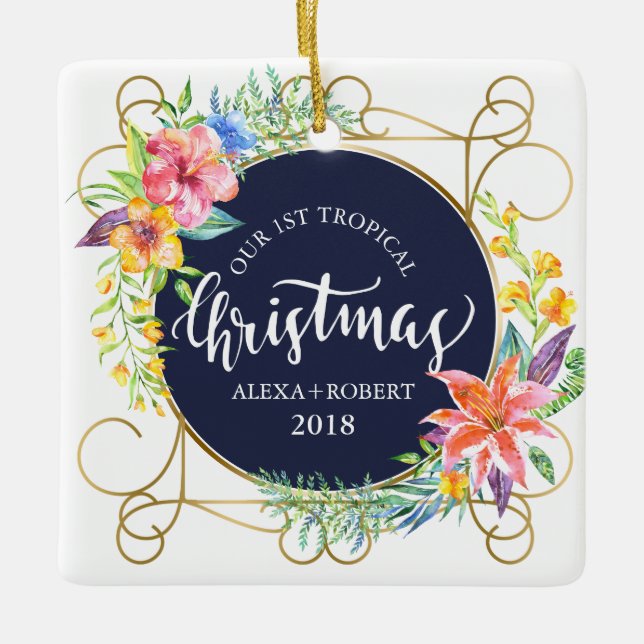 Tropische Weihnachtsbäume und Gold-Rahmen Keramikornament (Vorderseite)