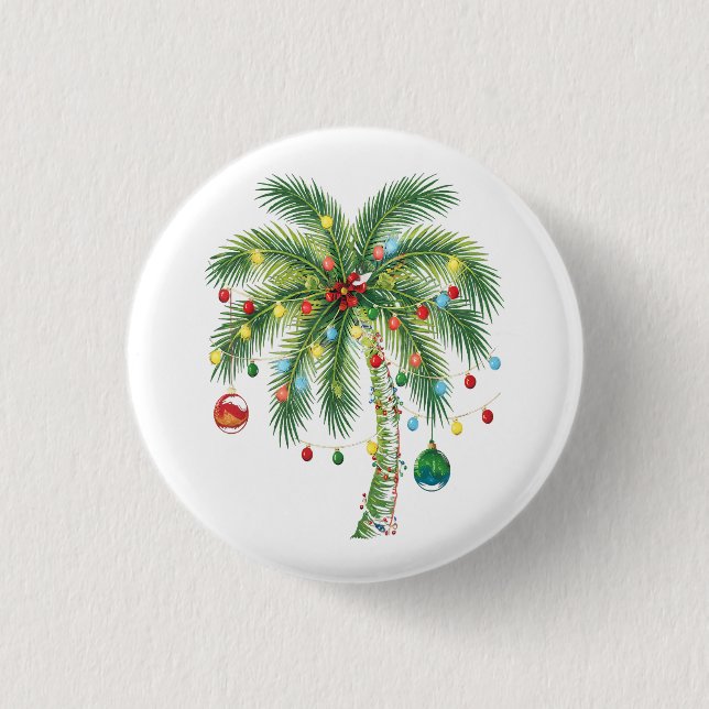 Tropische Weihnachtspalme mit Lichtern und Ornam Button (Vorderseite)