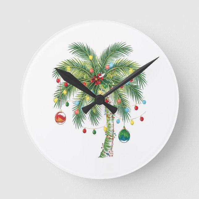 Tropische Weihnachtspalme mit Lichtern und Ornam Runde Wanduhr (Vorderseite)