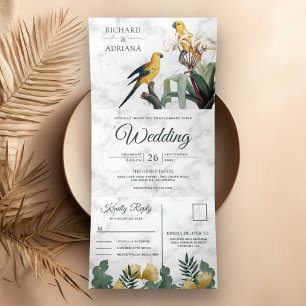 Tropische Weiße Marmor-Gelb-Papageien-Hochzeit Dreifach Gefaltete Einladung
