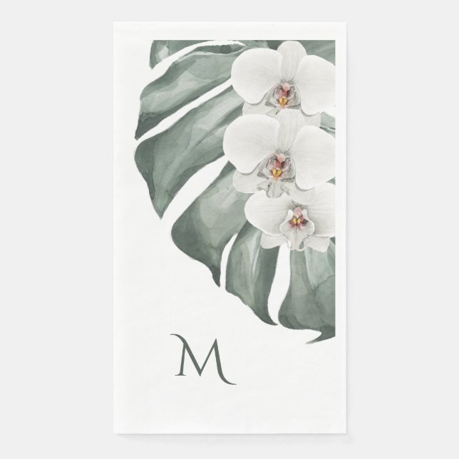 Tropische weiße Orchideen mit Monogramm Serviette (Vorderseite)