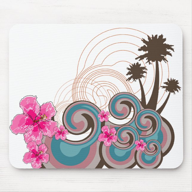 Tropische Wellen Hot Pink Hibiskus Beach Palmen Mousepad (Vorne)