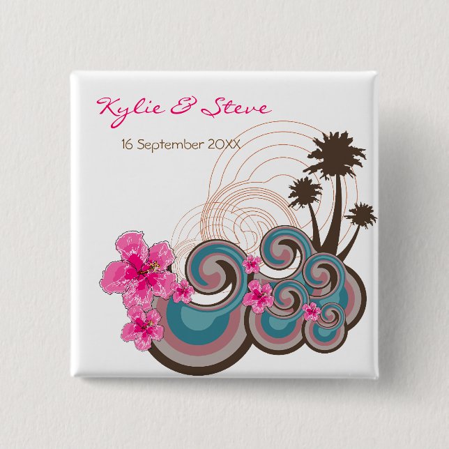 Tropische Wellen Rosa Hibiskus Hochzeit in Urlaubs Button (Vorderseite)
