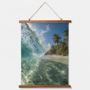 Tropische Wellenkollision am Inselstrand Kunst Wandteppich Mit Holzrahmen