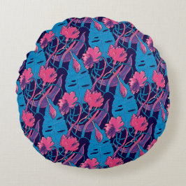 Tropische Wildblumen Blau Rosa Moderne Exotik Rundes Kissen