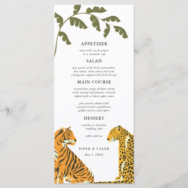Tropische Wildkatzen Hochzeit Menükarte (Vorderseite)