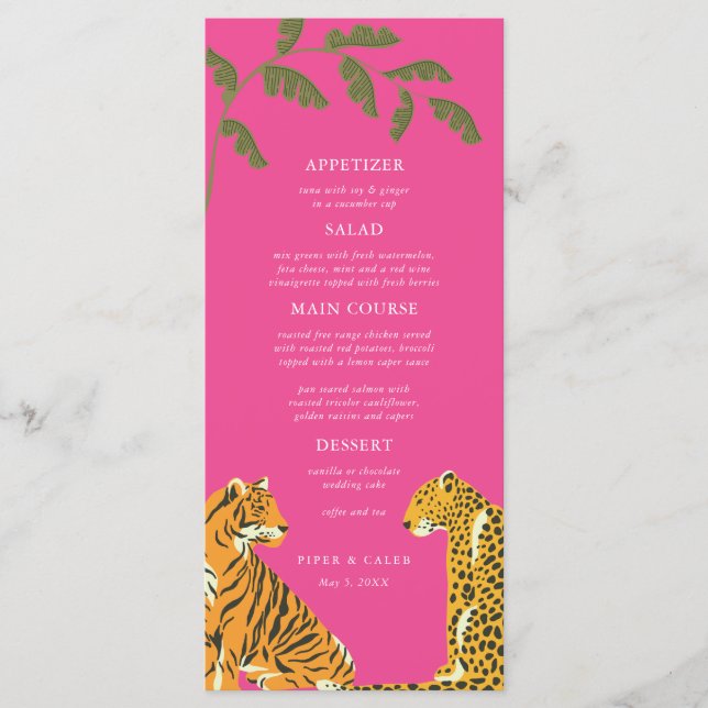 Tropische Wildkatzen-Hochzeitmenü Menükarte (Vorderseite)