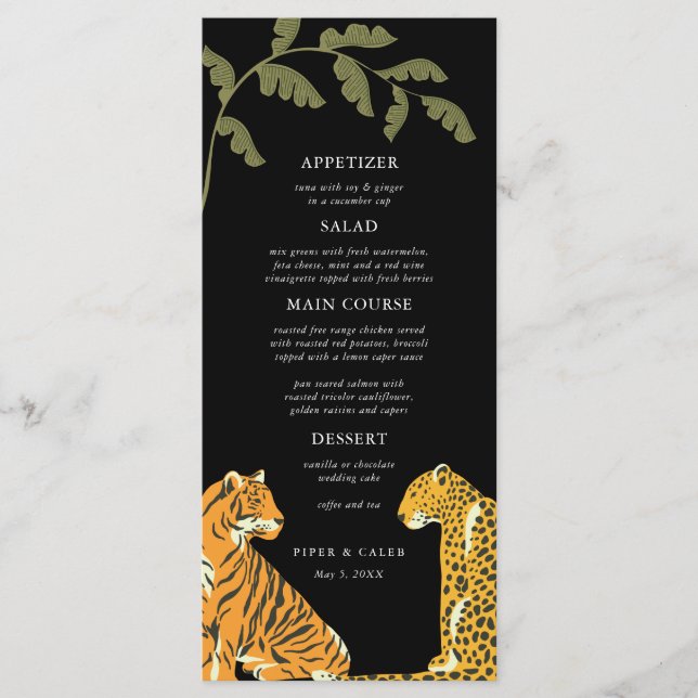 Tropische Wildkatzen-Hochzeitmenü Menükarte (Vorderseite)