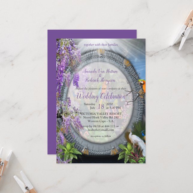 Tropische Wisteria Blume & große bunte Vögel Einladung (Vorderseite/Rückseite Beispiel)