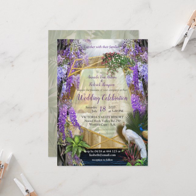 Tropische Wisteria Blume & große bunte Vögel I Einladung (Vorderseite/Rückseite Beispiel)