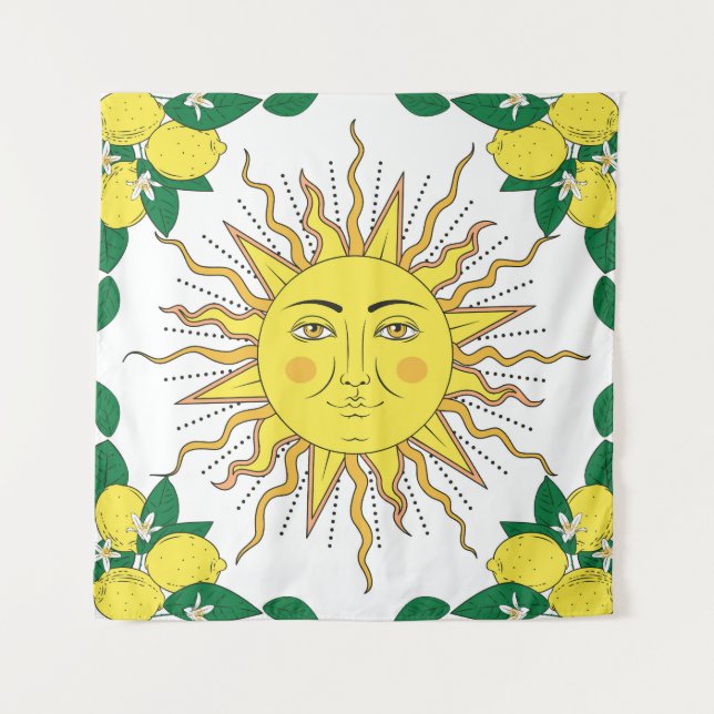 Tropische Zitronenfrüchte, Sonnengesicht. Wandteppich (Vorderseite)