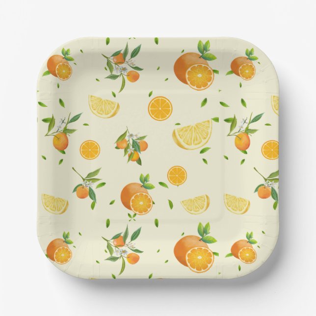 TROPISCHE Zitrusfrüchte SOMMERFRÜCHTE Orangefarben Pappteller (Vorderseite)