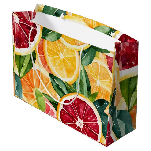 Tropische Zitrusfrüchtescheiben Orange Große Geschenktüte (Rückseite Schrägansicht)
