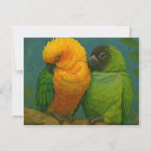 Tropische Zuneigung - Papageien im Waldlicht Postkarte