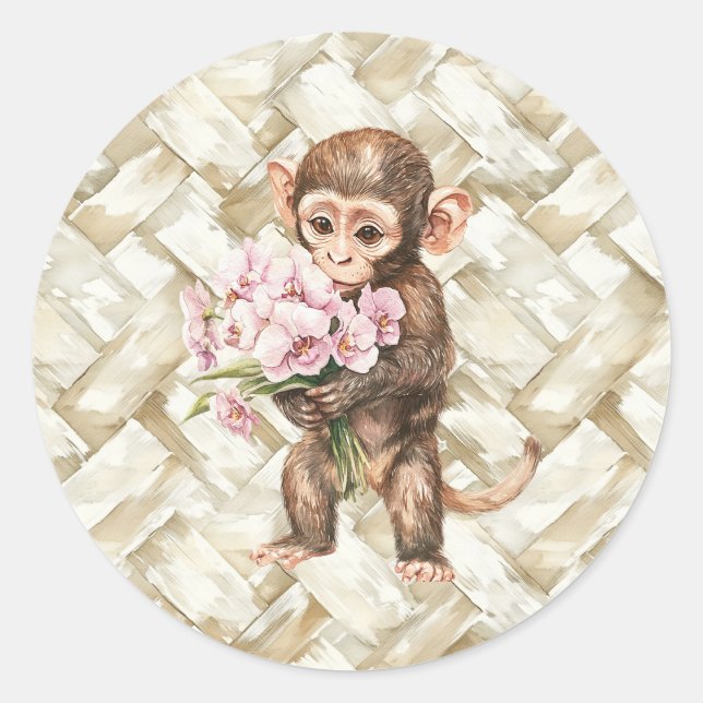 Tropischer Affe mit Orchideen Runder Aufkleber (Vorderseite)