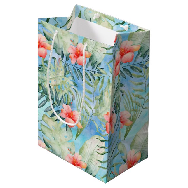 Tropischer Aloha Hibiskus mit Blumen Mittlere Geschenktüte (Vorderseite Schrägansicht)