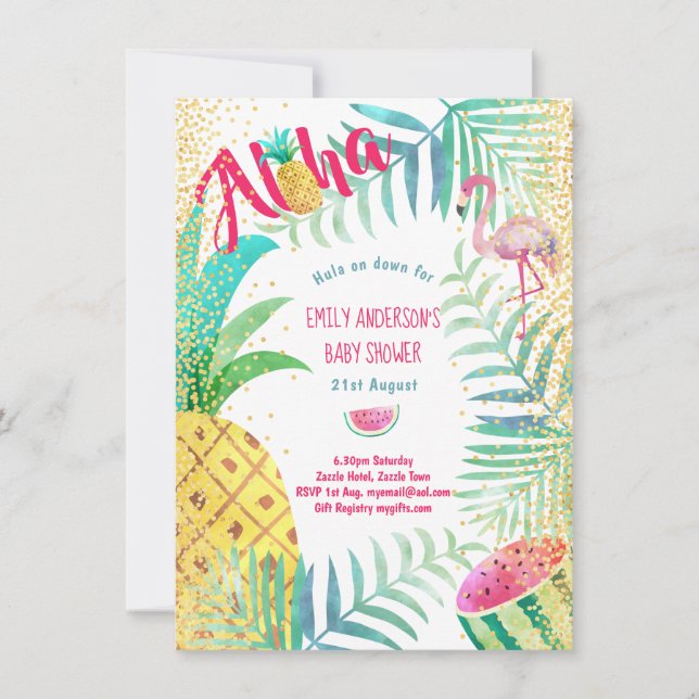 Tropischer Ananas Flamingo Pink Gold Aloha Einladung (Vorderseite)