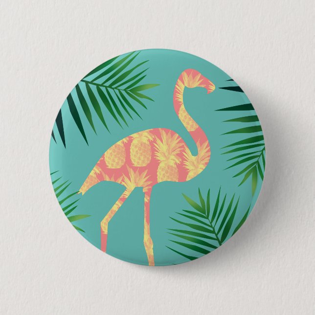 Tropischer Ananas-Flamingo u. Laub Button (Vorderseite)